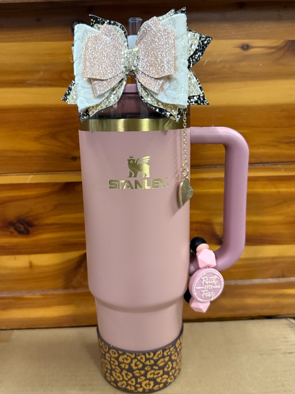Stanley Pink Travel Mug with Gold Logo and Leopard Accent 30oz